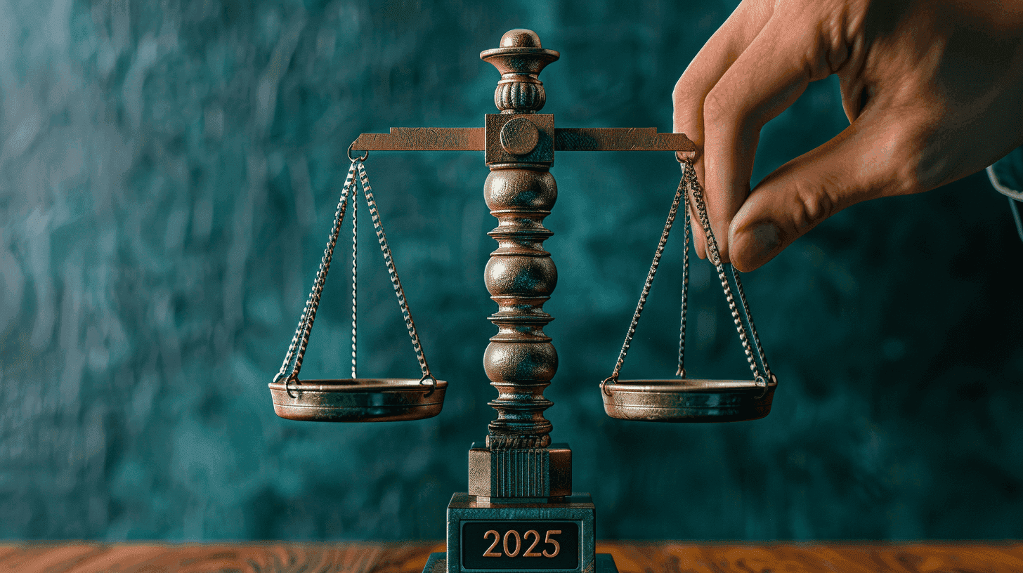 Een weegschaal met de inscriptie '2025' op de basis, waarbij een hand voorzichtig een van de schalen in balans brengt.