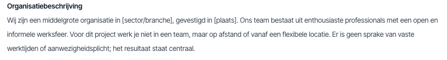 Beschrijving van de organisatie in een opdrachtomschrijving.