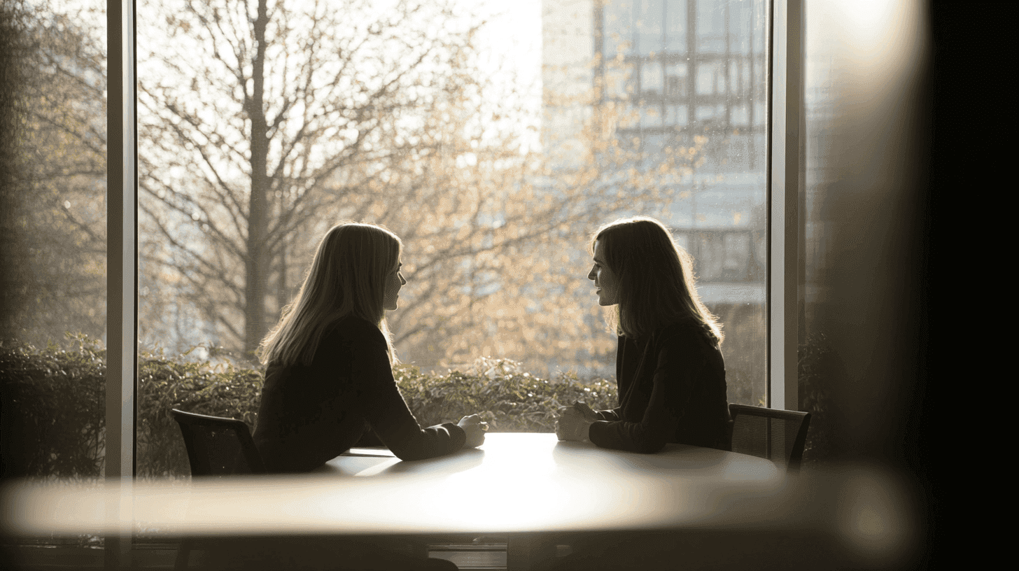 Twee vrouwen in gesprek aan een tafel bij een groot raam met uitzicht op bomen en gebouwen.