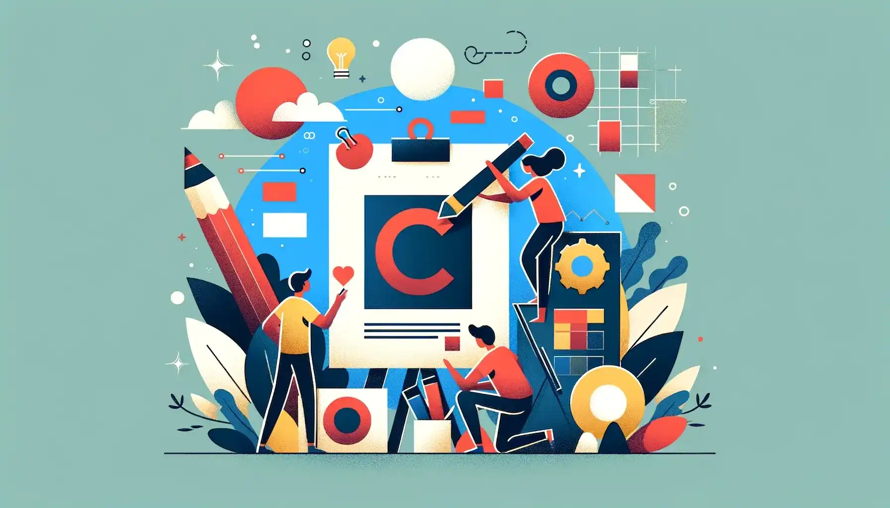 Diverse freelancers voegen icoontjes zoals harten en blokken toe aan een logo dat lijkt op een grote 'c'