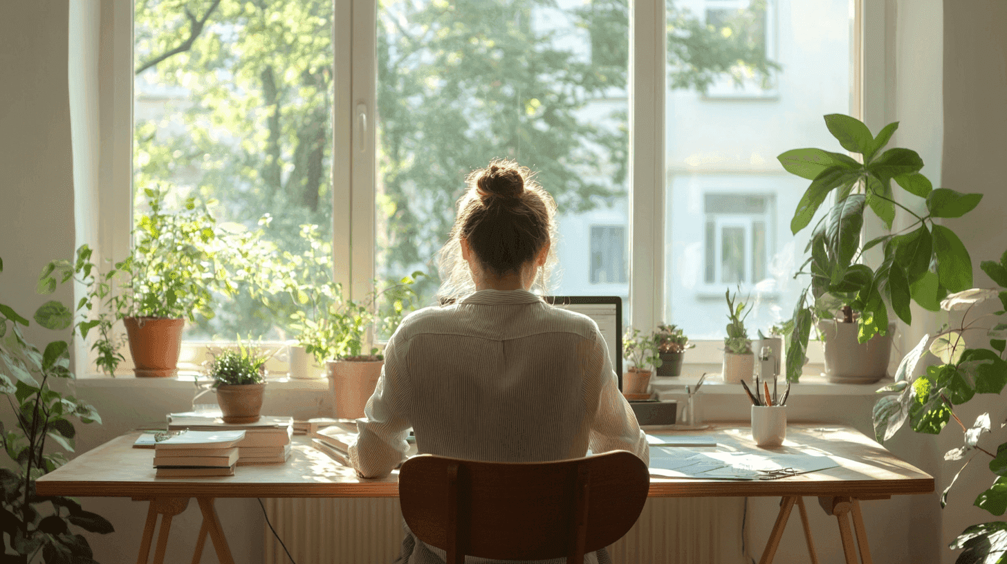 Vrouwelijke zzp’er werkt aan een bureau vol planten in een lichte, huiselijke werkomgeving.