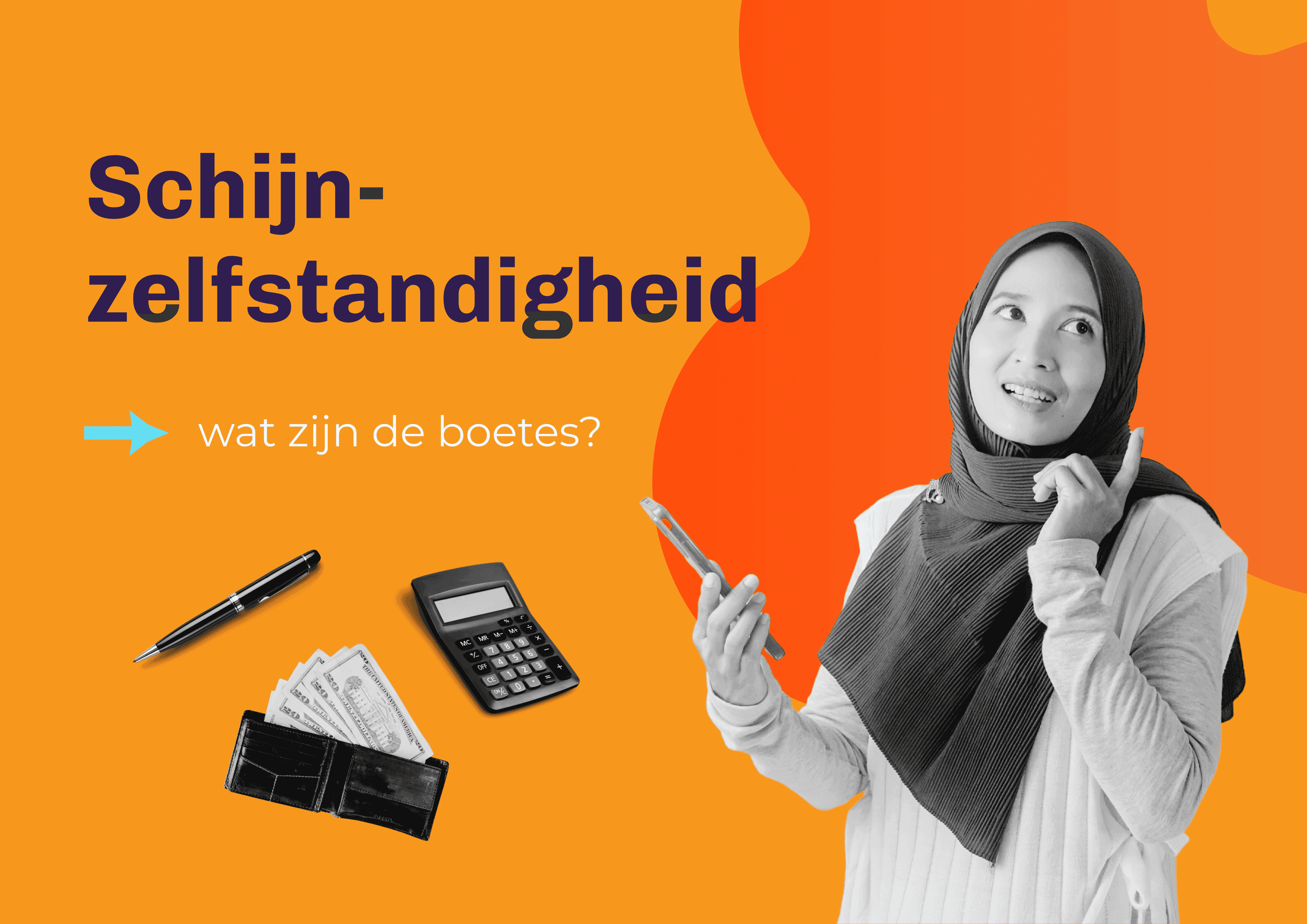 Schijnzelfstandigheid en mogelijke boetes, met zzp’er die twijfelt en symbolen voor geld, administratie en werk.