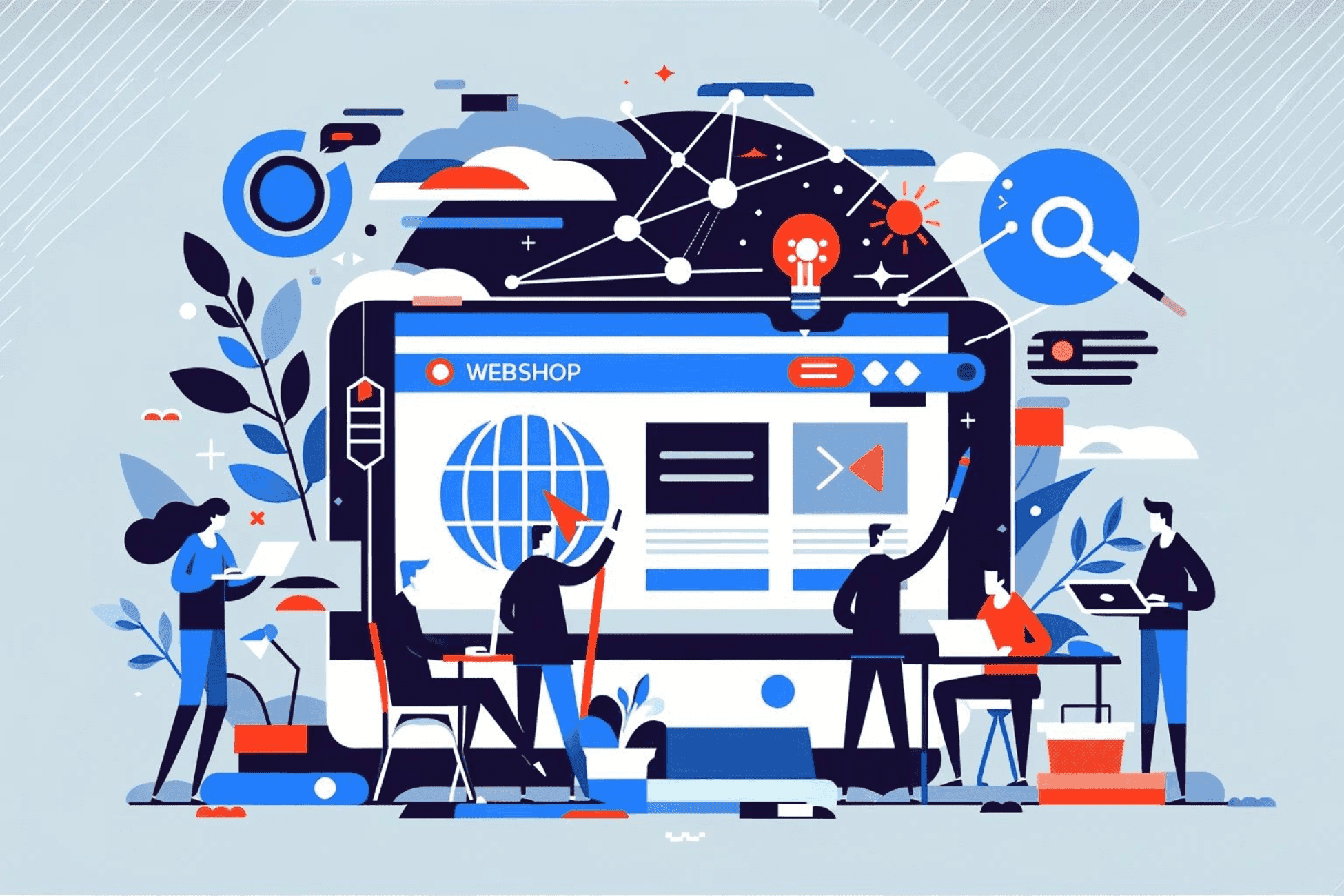 Illustratie van een team dat samenwerkt om een visueel aantrekkelijke webshop te maken. Twee van de teamleden wijzen naar een groot scherm met een webshop.