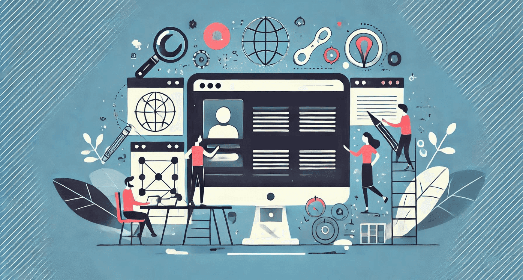 Illustratie die een team van freelancers weergeeft die werken aan het ontwerp van een website op een groot computerscherm