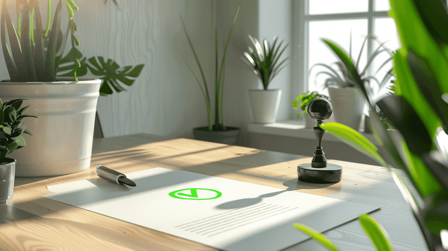 Een bureau met een stempel, document en pen, symboliserend de vergunningplicht onder de Wtta in een professionele setting.