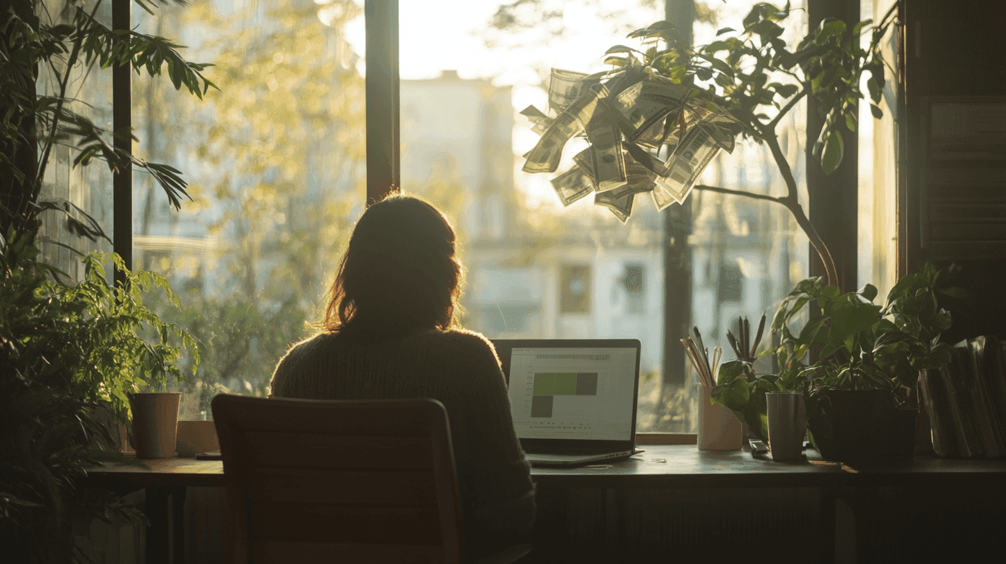 Freelancer krijgt belastingvoordeel met zzp aftrekposten achter haar laptop, naast haar bureau groeit een geldboom.