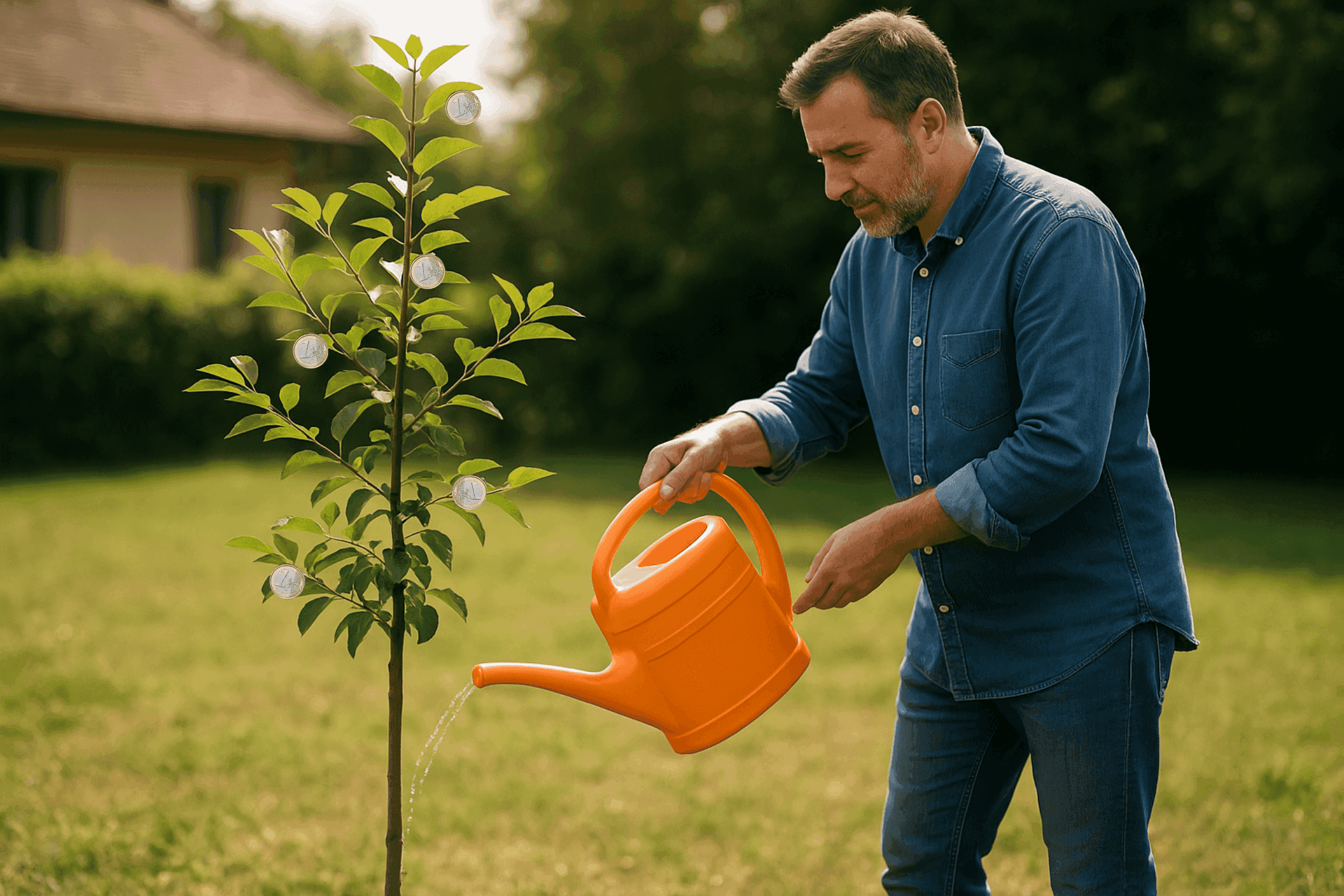 Freelancer geeft water aan een geldboom met een gieter.