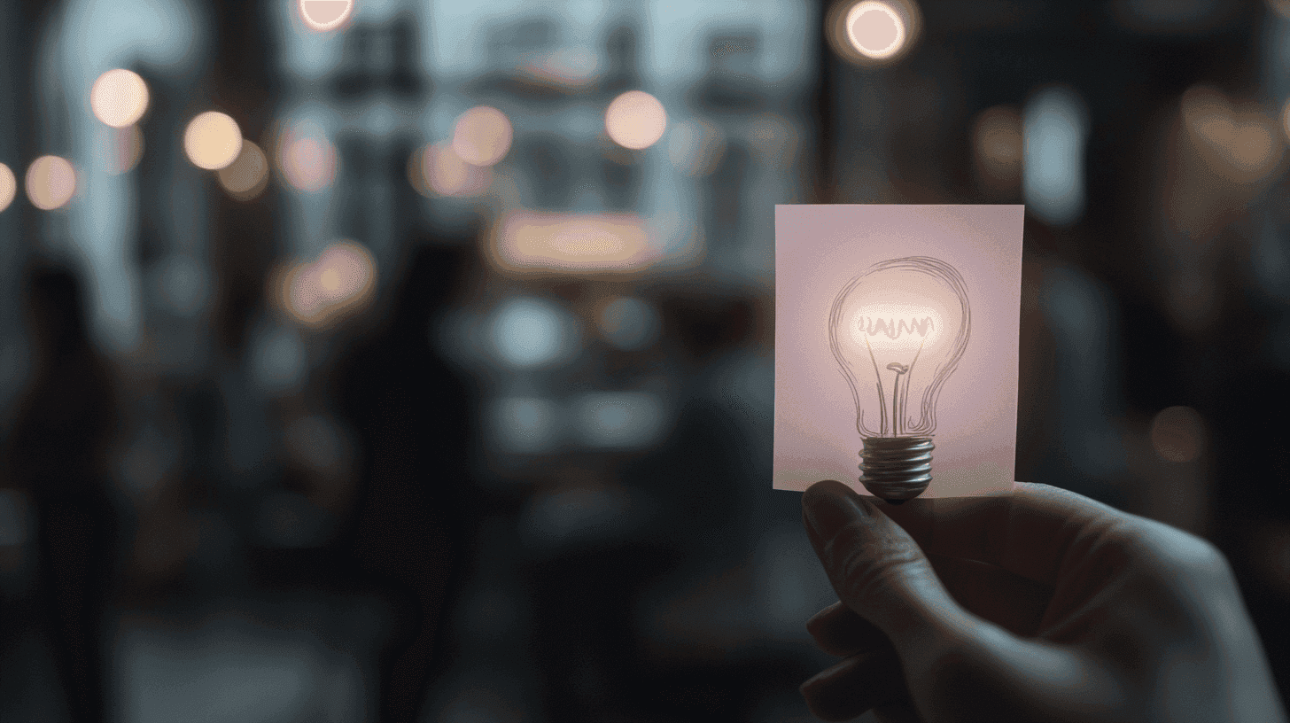 Hand houdt een roze notitie vast met een schets van een gloeilamp, die subtiel oplicht. Onscherpe kantoorachtergrond met warme bokeh-verlichting.