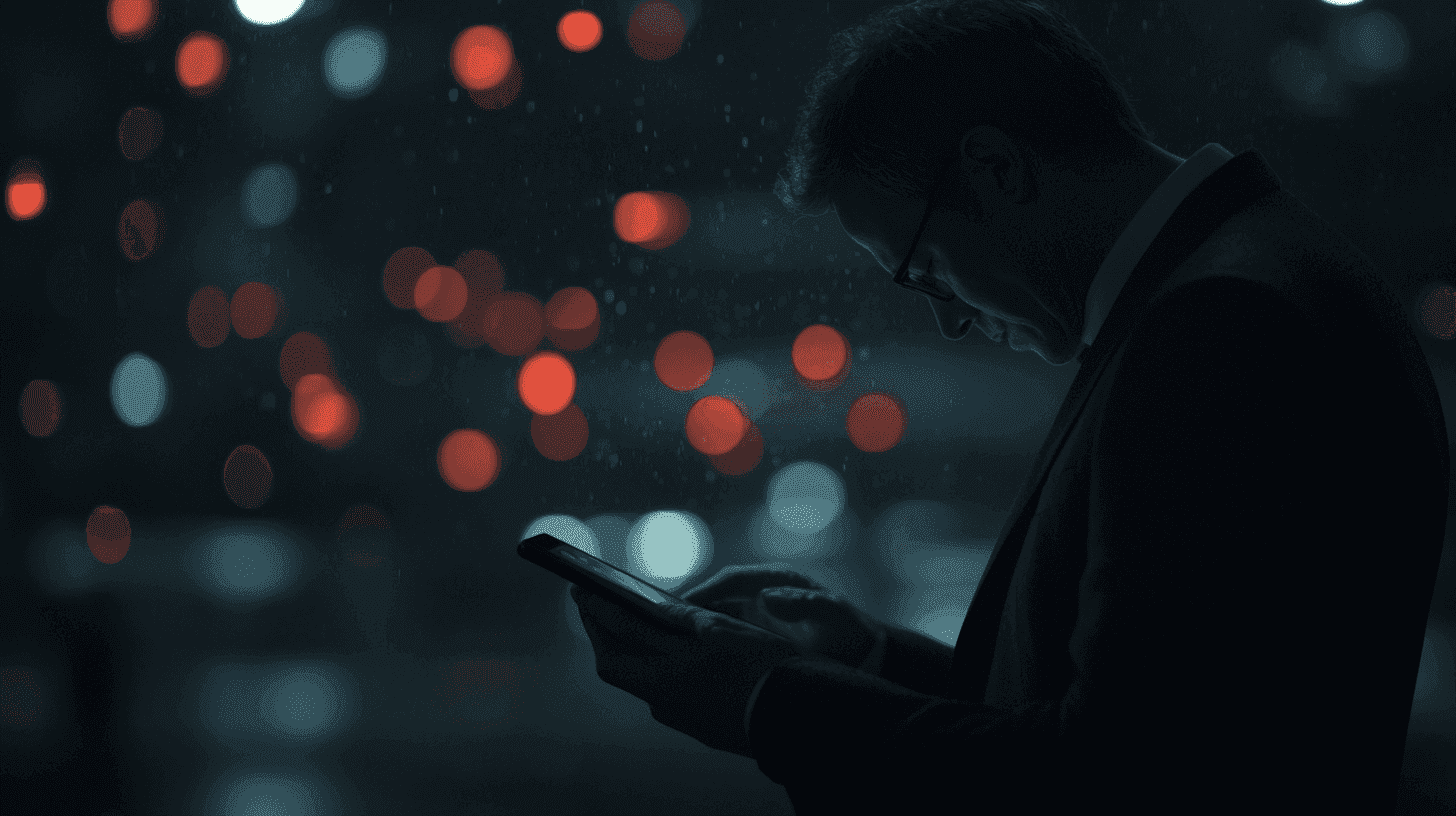 Zakenman in pak gebruikt een tablet in een donkere, regenachtige omgeving met sfeervolle bokeh-verlichting.