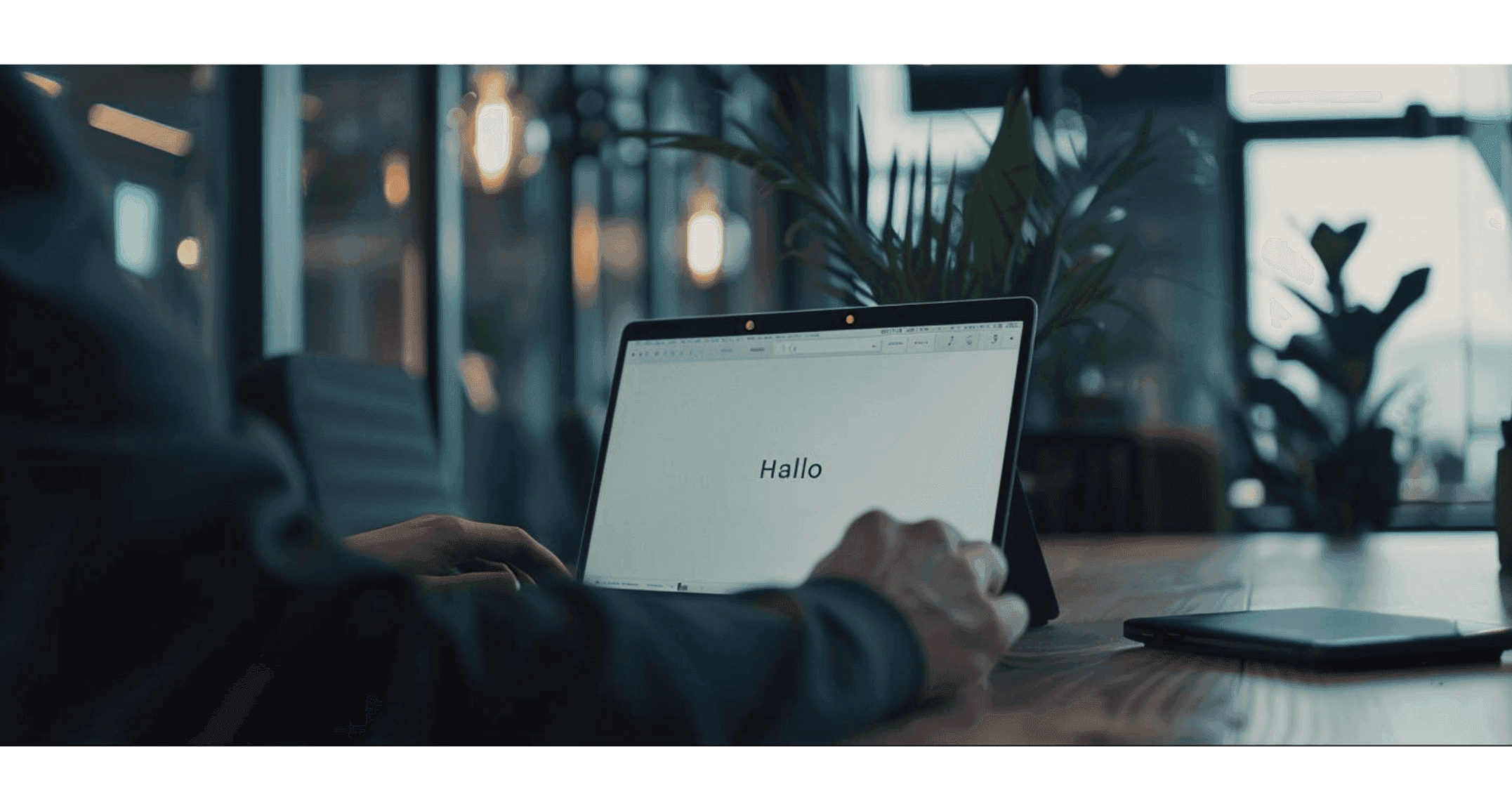 Freelancer typt 'Hallo' op een laptop in een modern kantoor met planten en zachte verlichting