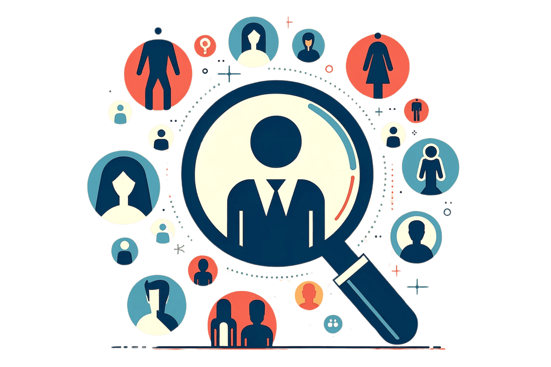 Illustratie met diverse personen in verschillende tekenstijlen. Gecentreerd op de illustratie is een vergrootglas dat focust op een specifiek persoon.