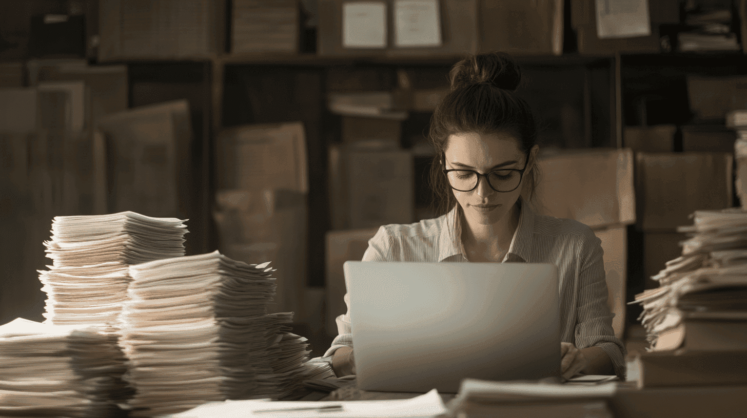 Vrouw met bril werkt gefocust op een laptop, omringd door hoge stapels papieren in een archiefachtige setting.