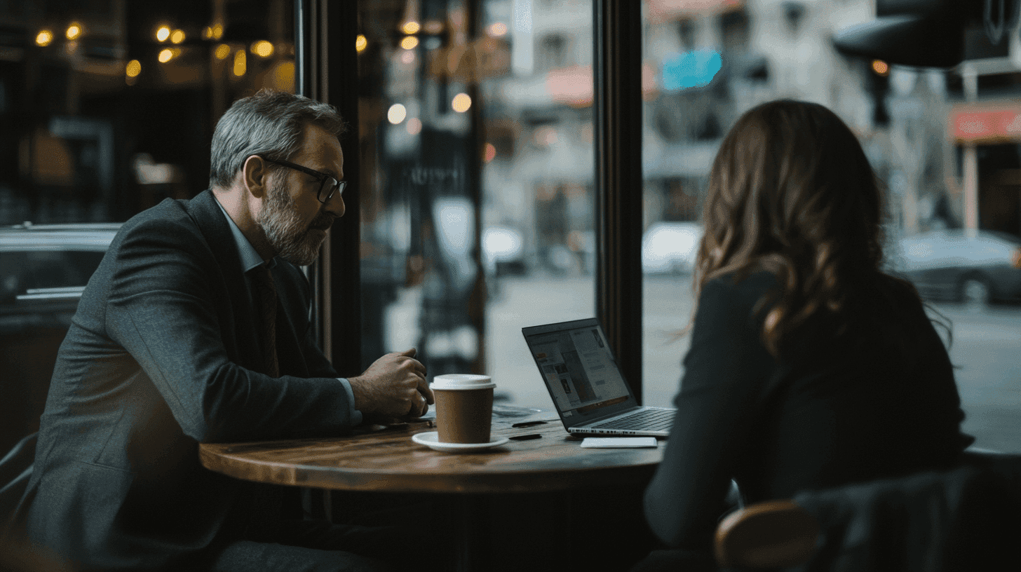 Zakelijke ontmoeting in een café, een man in een pak en een vrouw bespreken iets met een laptop en koffie op tafel
