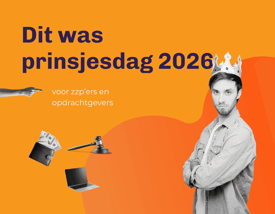 Illustratie bij Prinsjesdag 2026 voor zzp’ers en opdrachtgevers, met een freelancer, portemonnee, hamer en laptop.