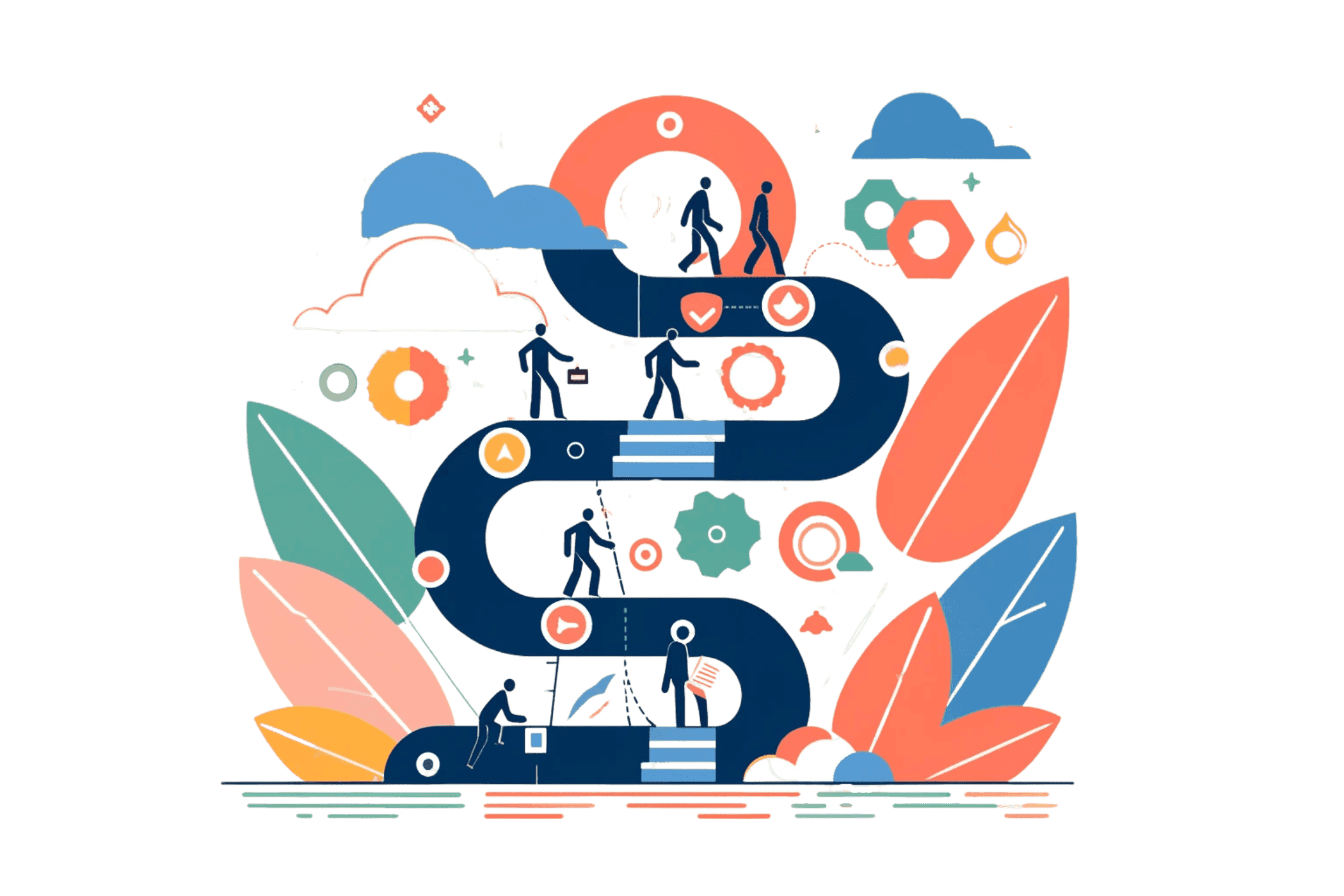 Kleurvolle illustratie met een route of roadmap. Diverse personen volgen de route. Diverse obstakels worden overwonnen om het einde van de route te bereiken.