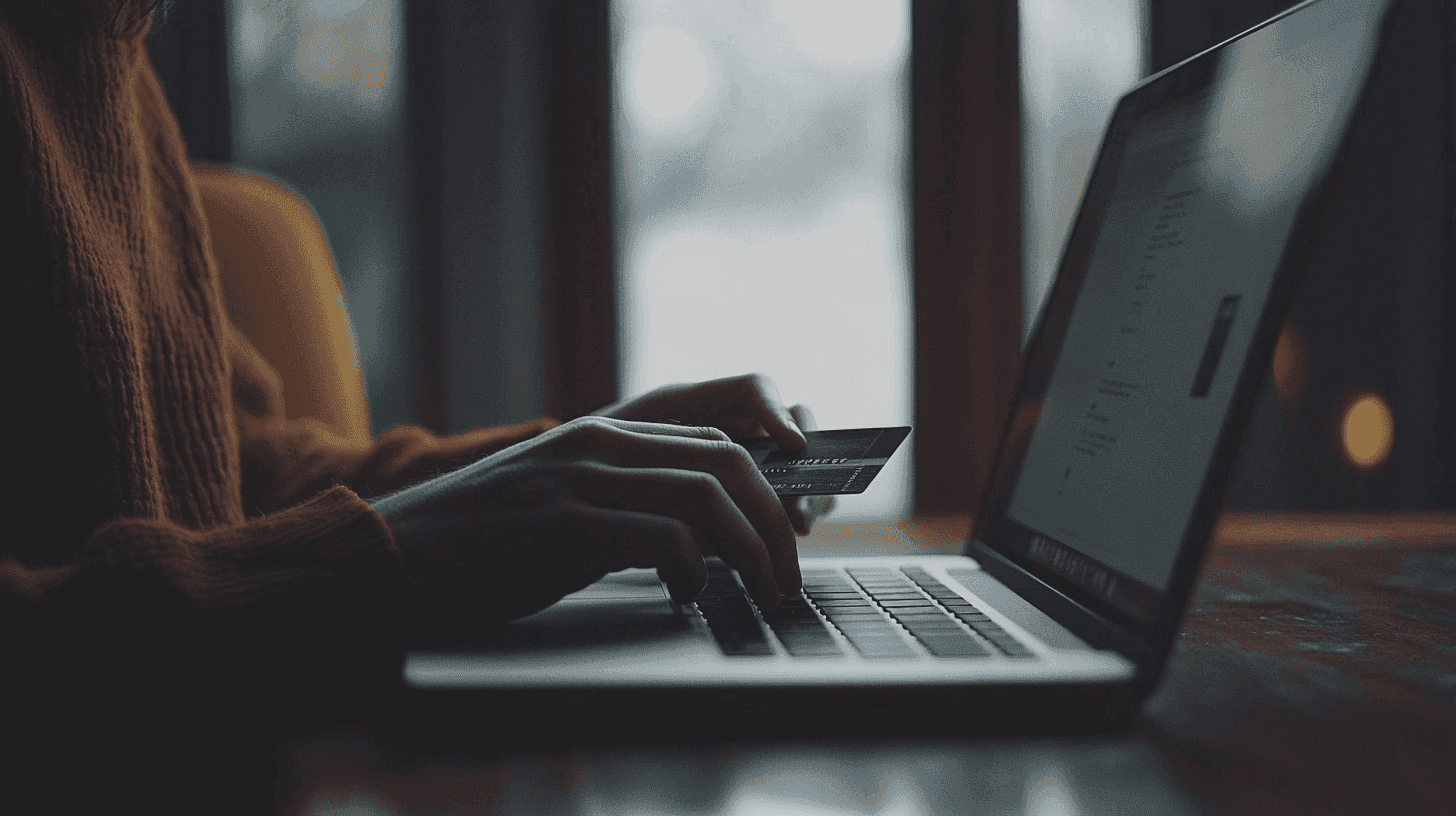 Close-up van een persoon die een creditcard vasthoudt en typt op een laptop, met een warme lichtinval op de achtergrond