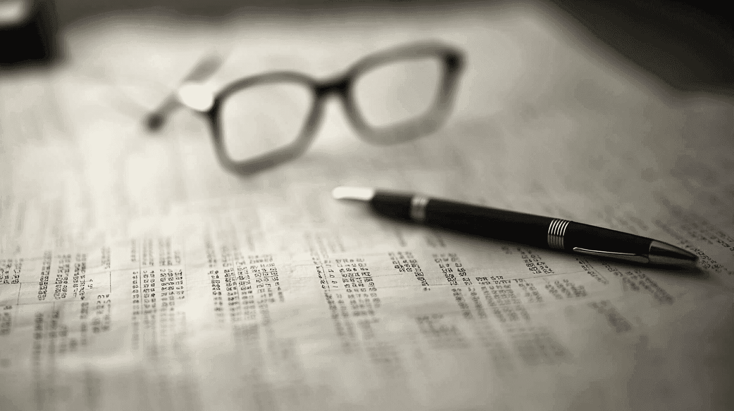 Close-up van financiële documenten met een pen en een bril op de achtergrond.