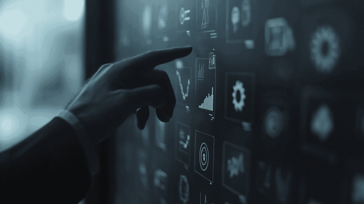Hand van een zakenman die een futuristisch touchscreen met datavisualisaties bedient.