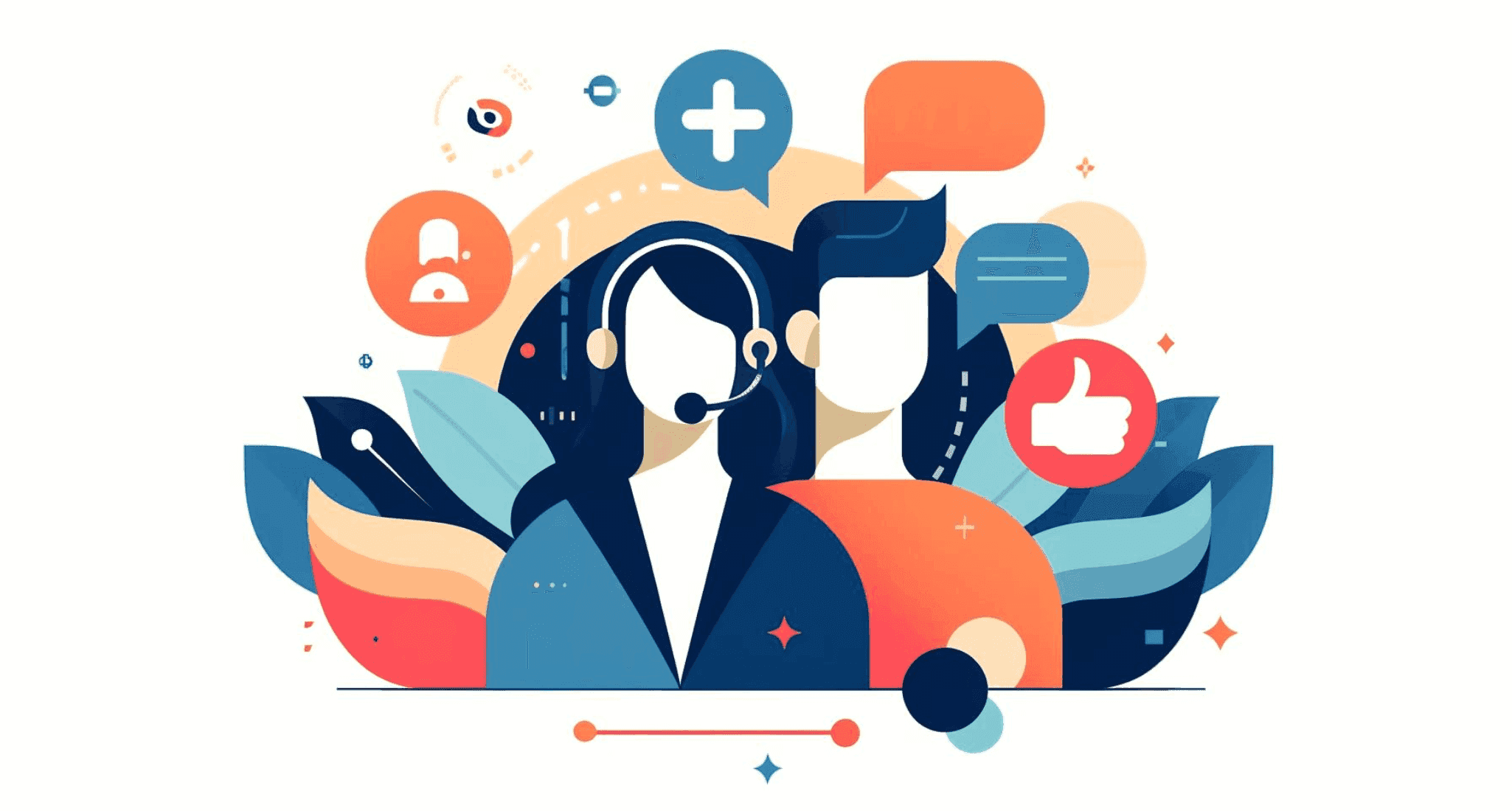 Illustratie van een vrouwelijke klantenservice medewerker met een headset. Naast de klantenservice medewerker staat een man die een duim opsteekt.
