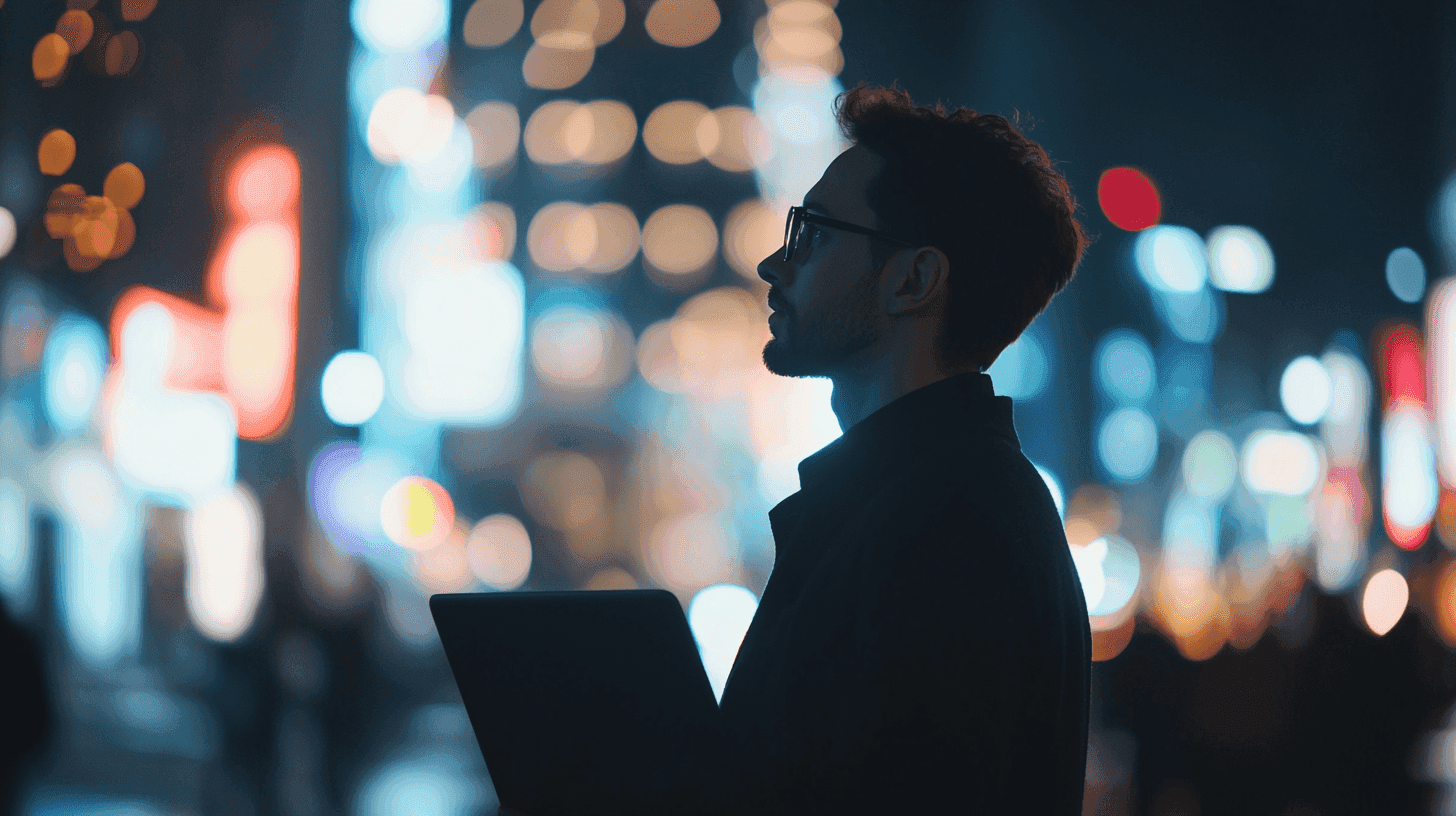 Freelancer met bril en donker jasje staat in een verlichte stad bij nacht, houdt een laptop vast en kijkt om zich heen. Onscherpe lichten op de achtergrond.