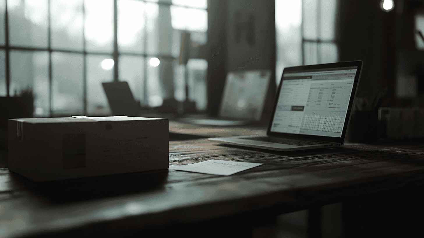 Pakketje op een houten bureau met ernaast een bon en een laptop met een spreadsheet die investeringen bijhoudt.Pakketje op een houten bureau met ernaast een bon en een laptop met een spreadsheet die investeringen bijhoudt.