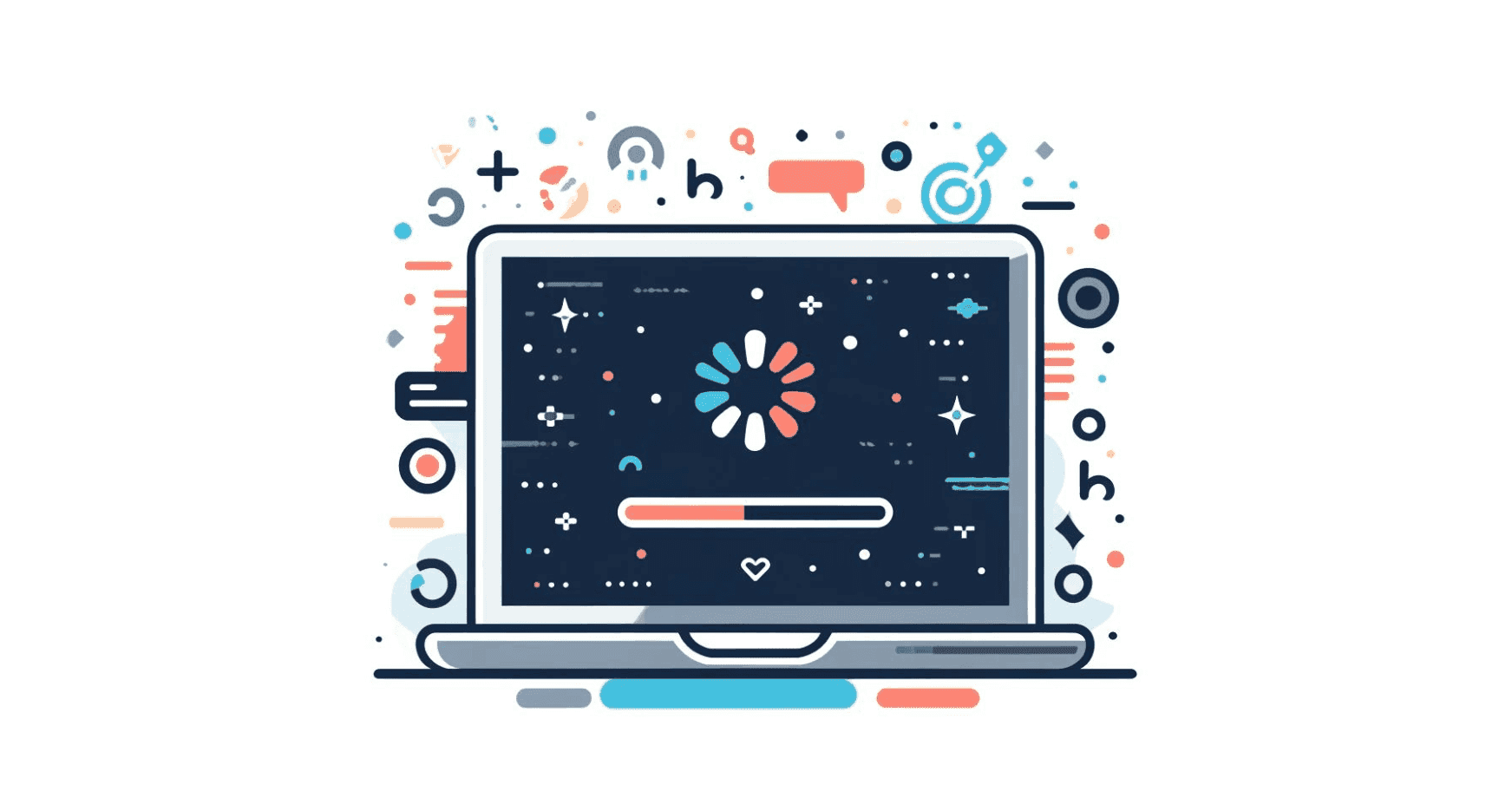 Illustratie die in een minimalistische stijl een laptop afbeeldt die een laadscherm laat zien