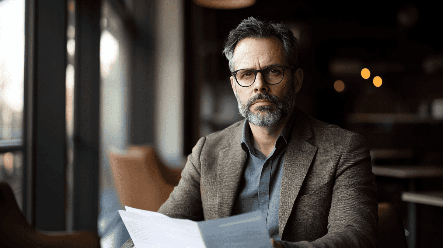Ervaren zakenman met baard leest een document in een café