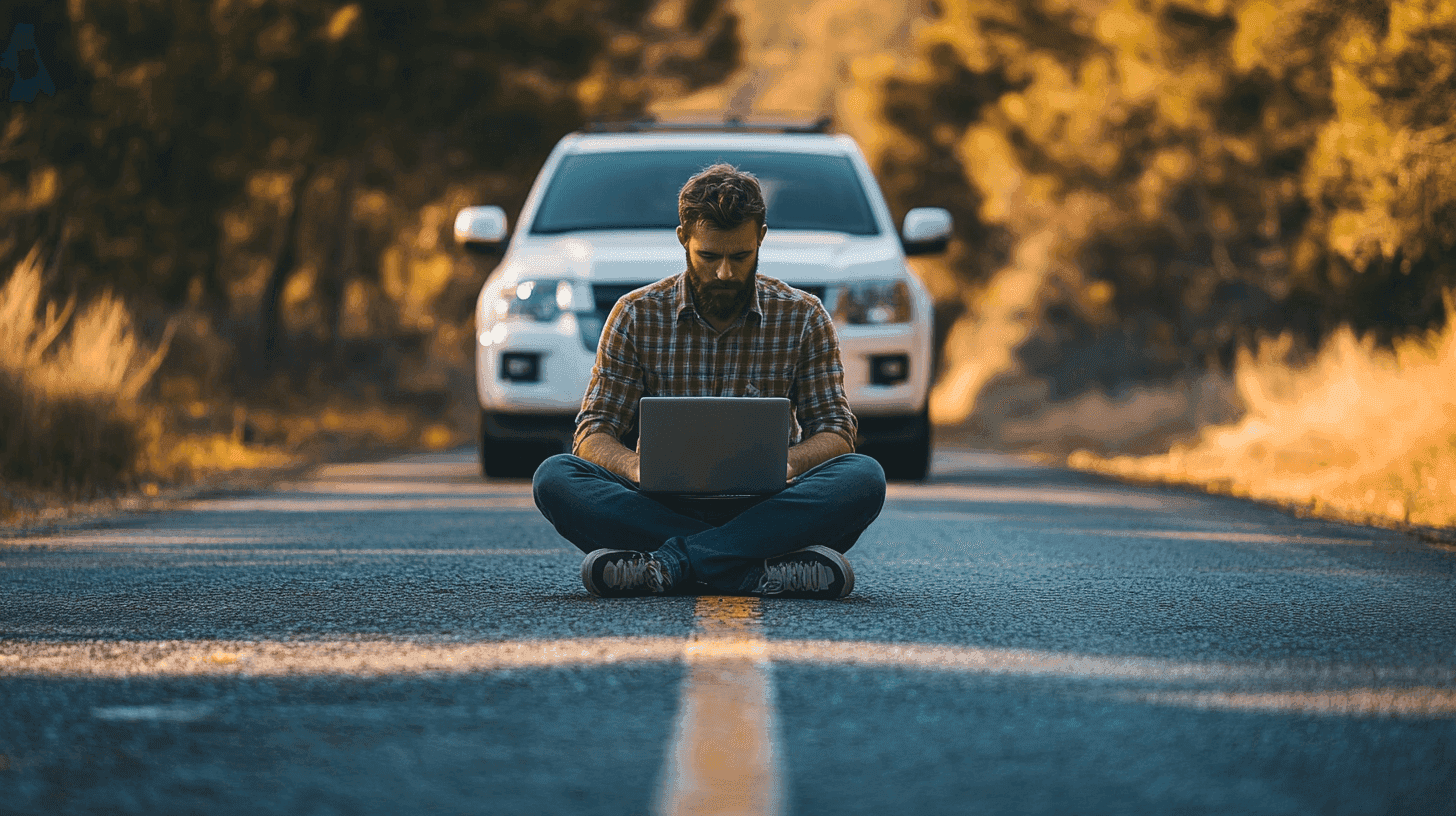 Een man met een baard zit midden op een lege weg met gekruiste benen en werkt op zijn laptop. Achter hem staat een witte SUV.