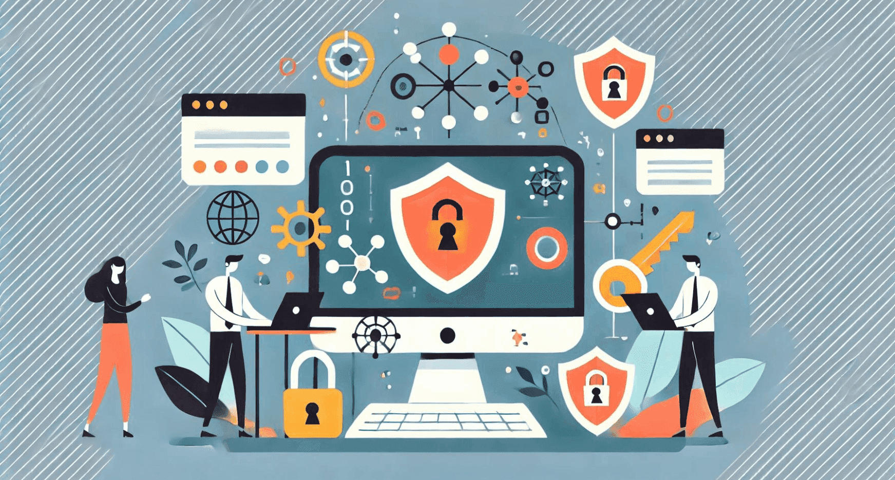 Illustratie die een team van drie freelancers weergeeft. De freelancers werken met laptops in hand om de cybersecurity van een hele grote laptop te verbeteren