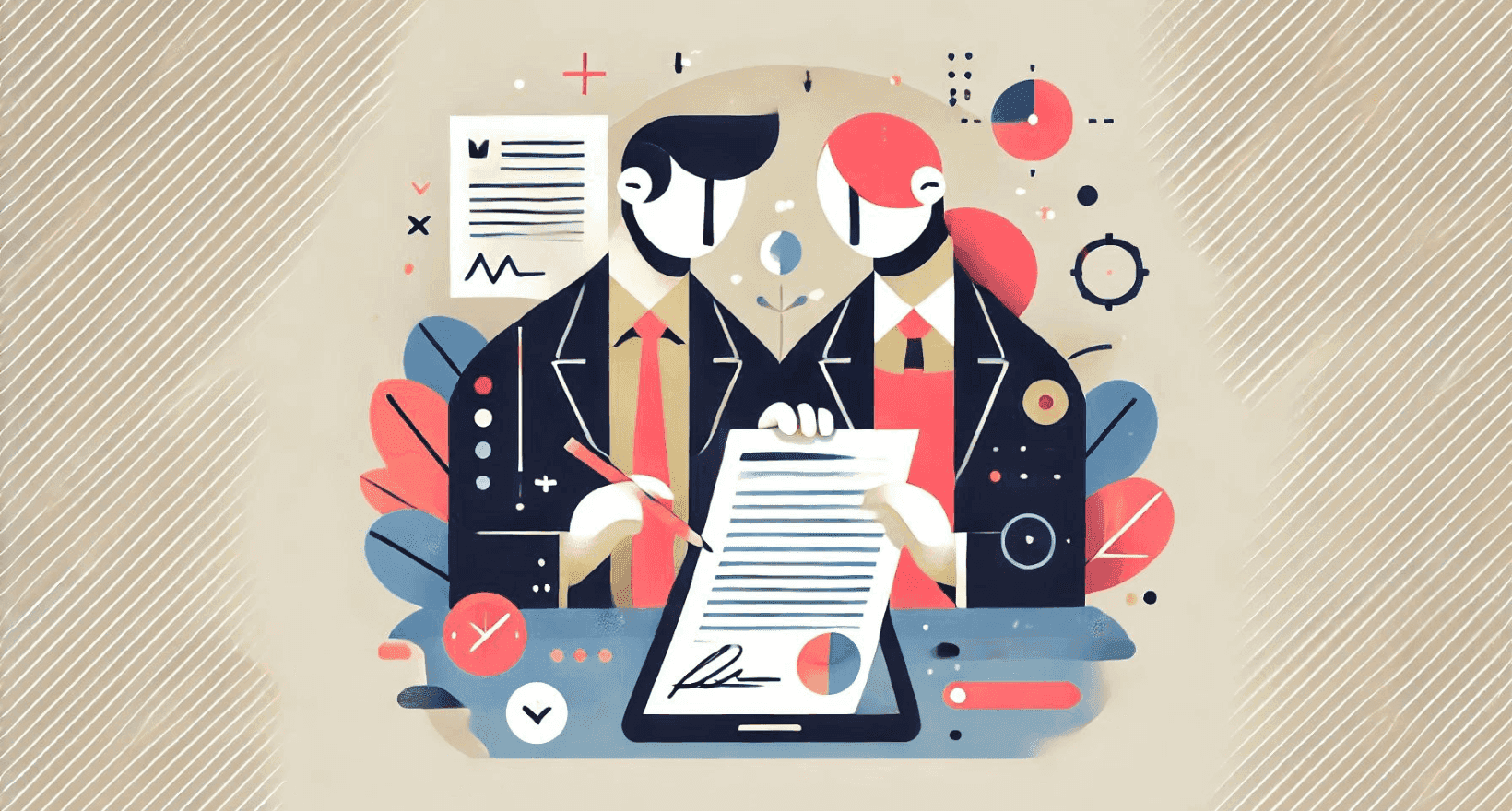 Illustratie waarin een contract wordt gecontroleerd door een freelancer waarnaast een opdrachtgever meekijkt