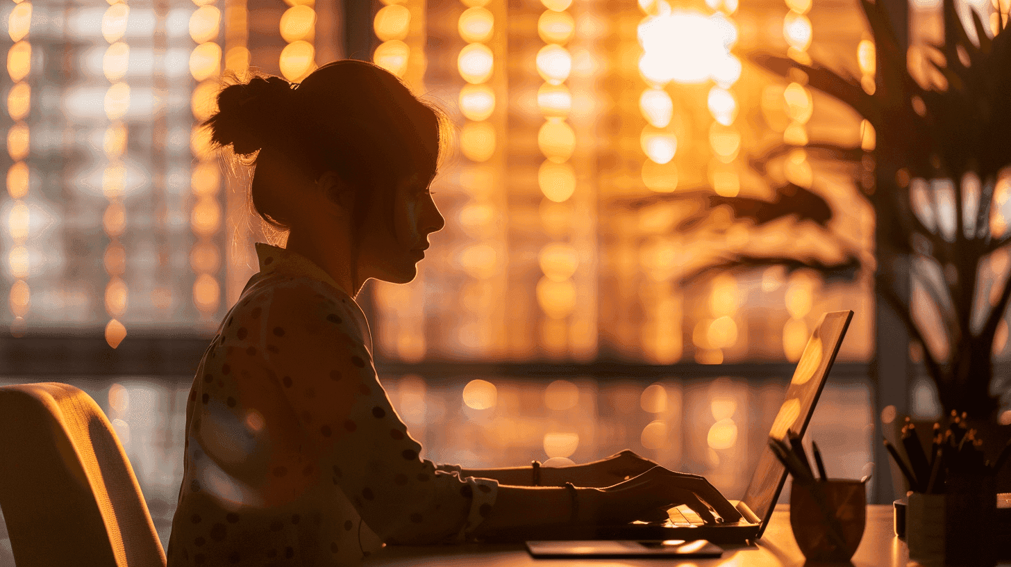 Freelancer zit achter een laptop met zonsondergang op de achtergrond.