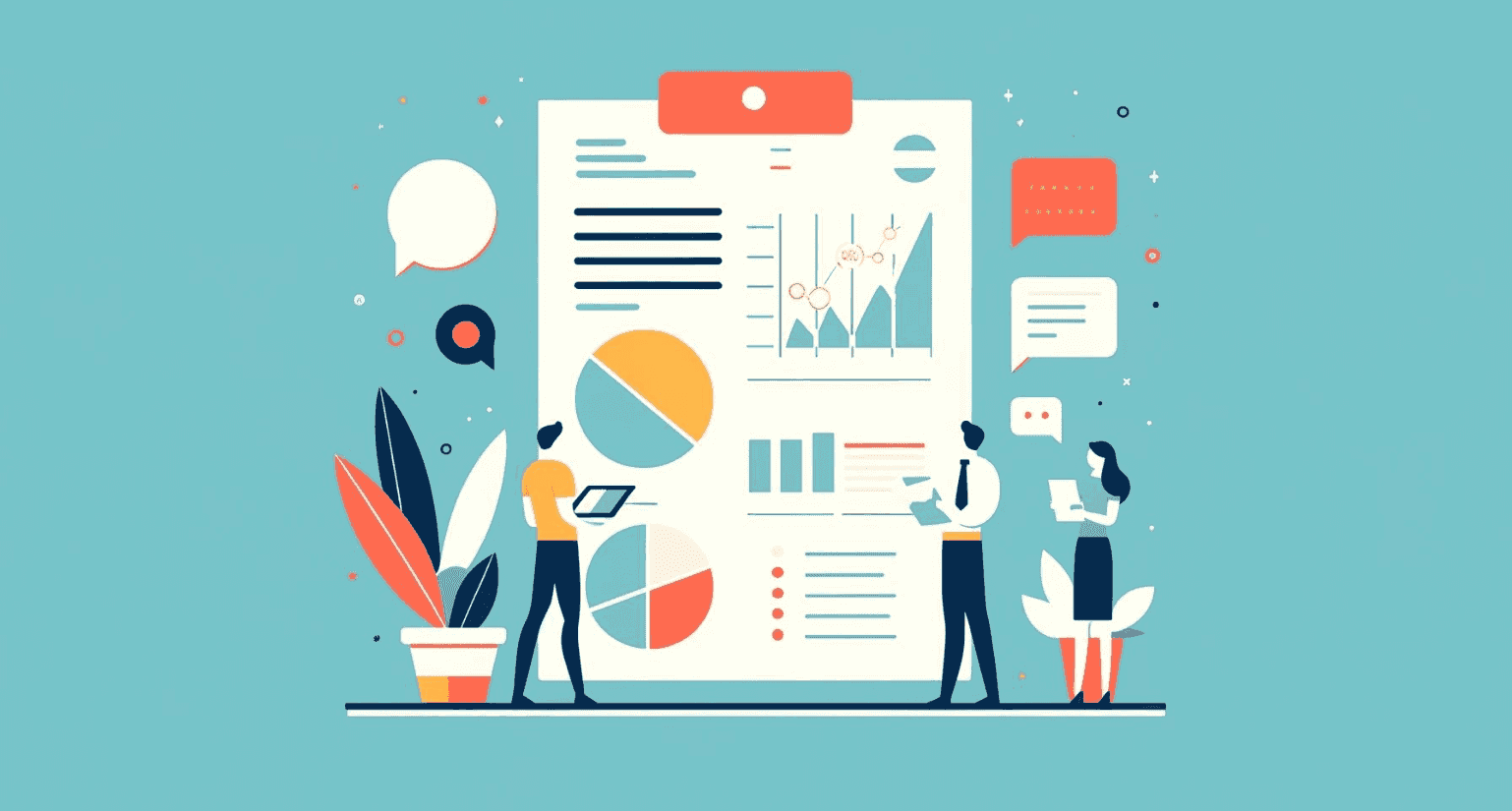 Illustratie waarin drie freelancers werken aan een grote jaarrekening waar diverse grafieken en andere data op staan.