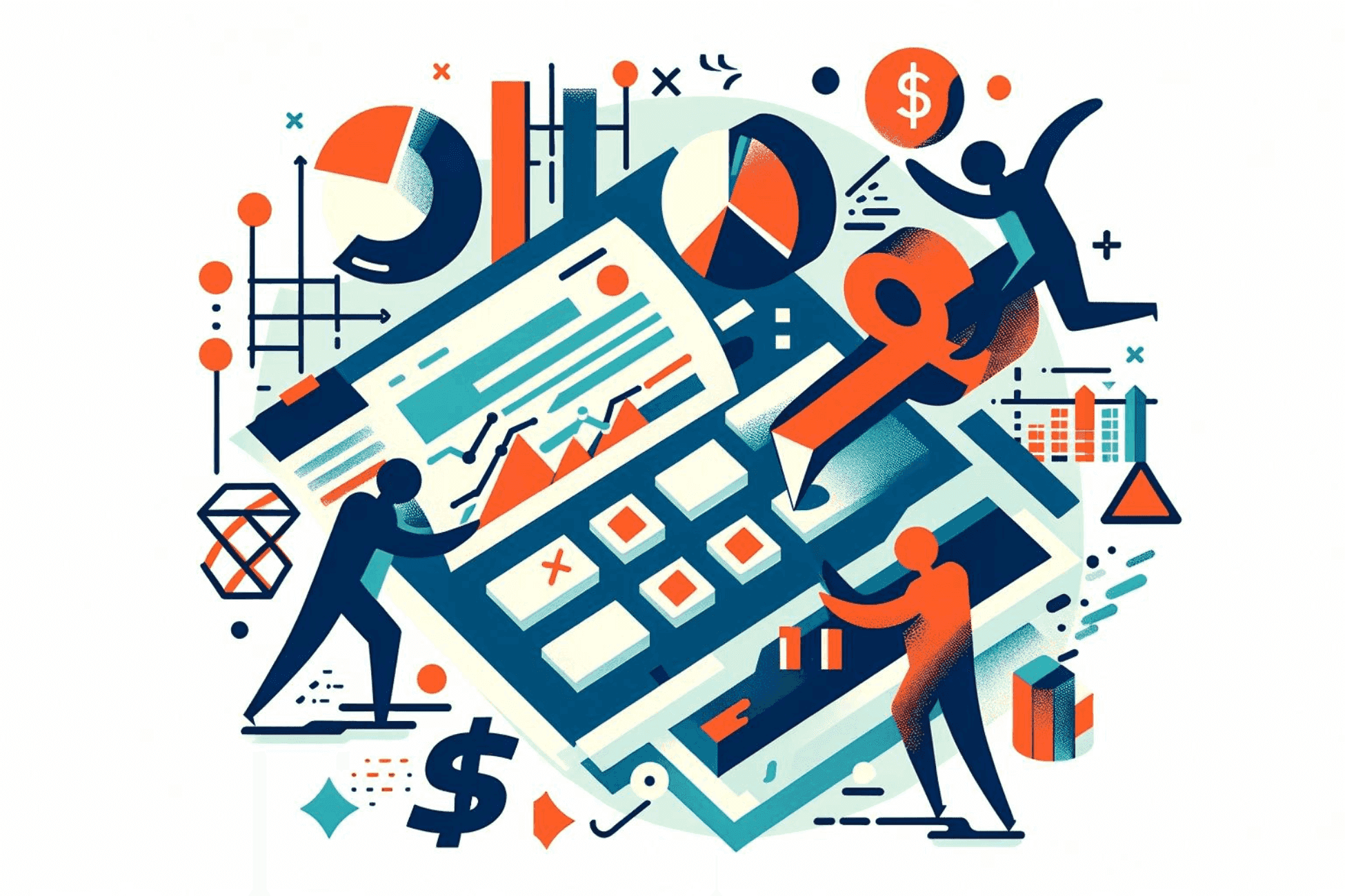 Illustratie waarin op een grote rekenmachine gewerkt wordt aan geldzaken door een team van drie freelancers. Grafieken en geldtekens vliegen in het rond.