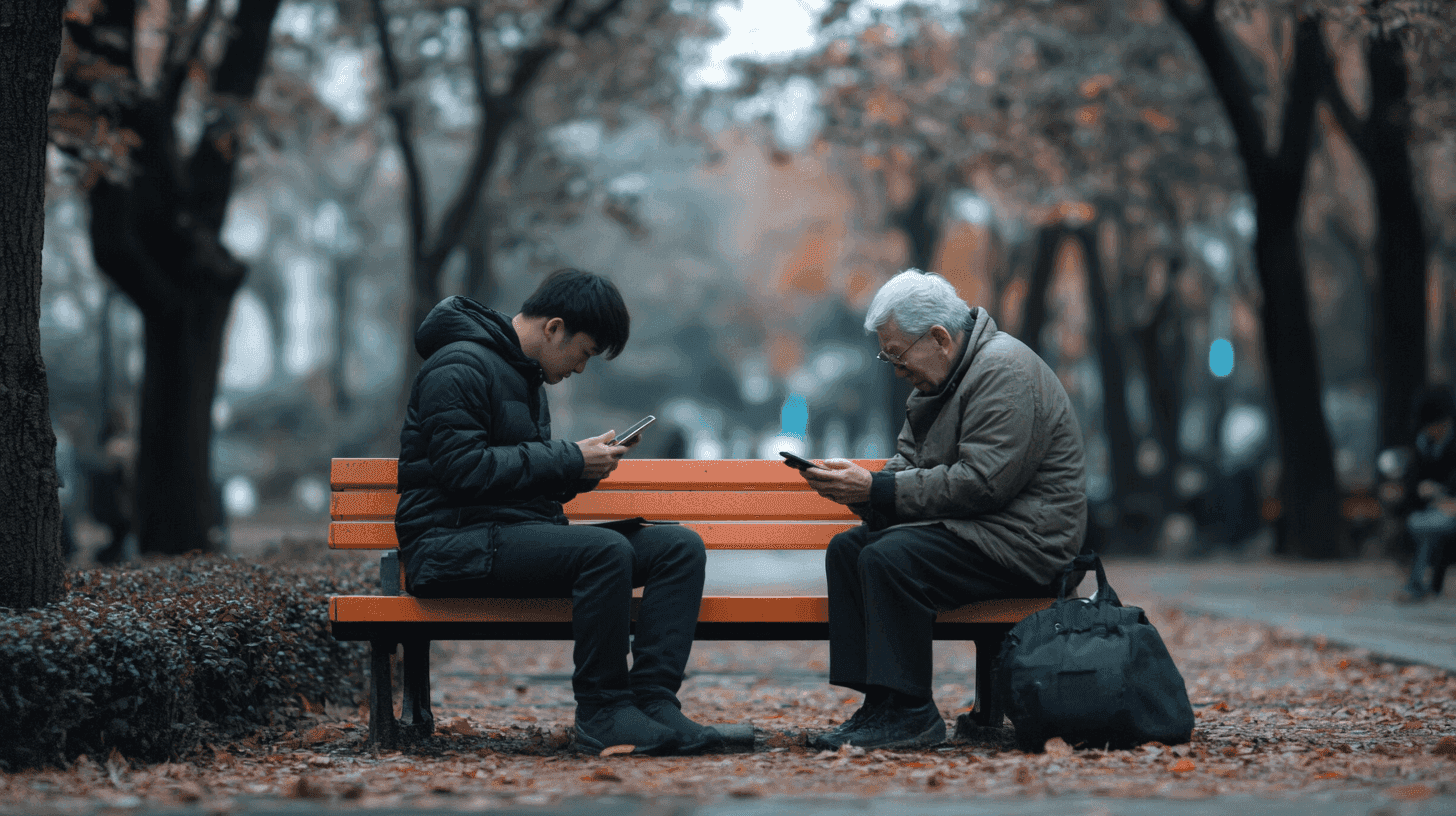 Een jonge en een oudere man zitten op een oranje bankje in een herfstachtig park, beide verdiept in hun smartphones.