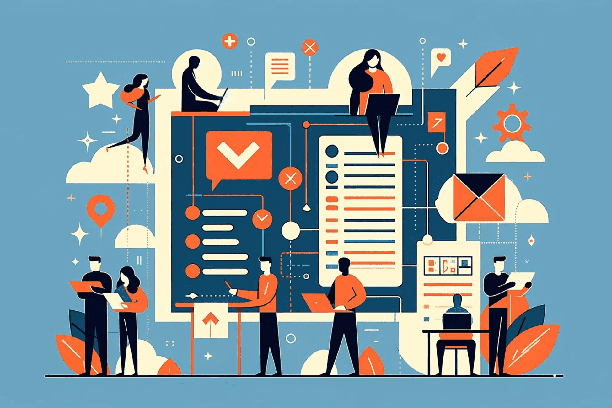 Illustratie waarbij een groep freelancers bezig is om een groot scherm vol met administratieve informatie op orde te krijgen.