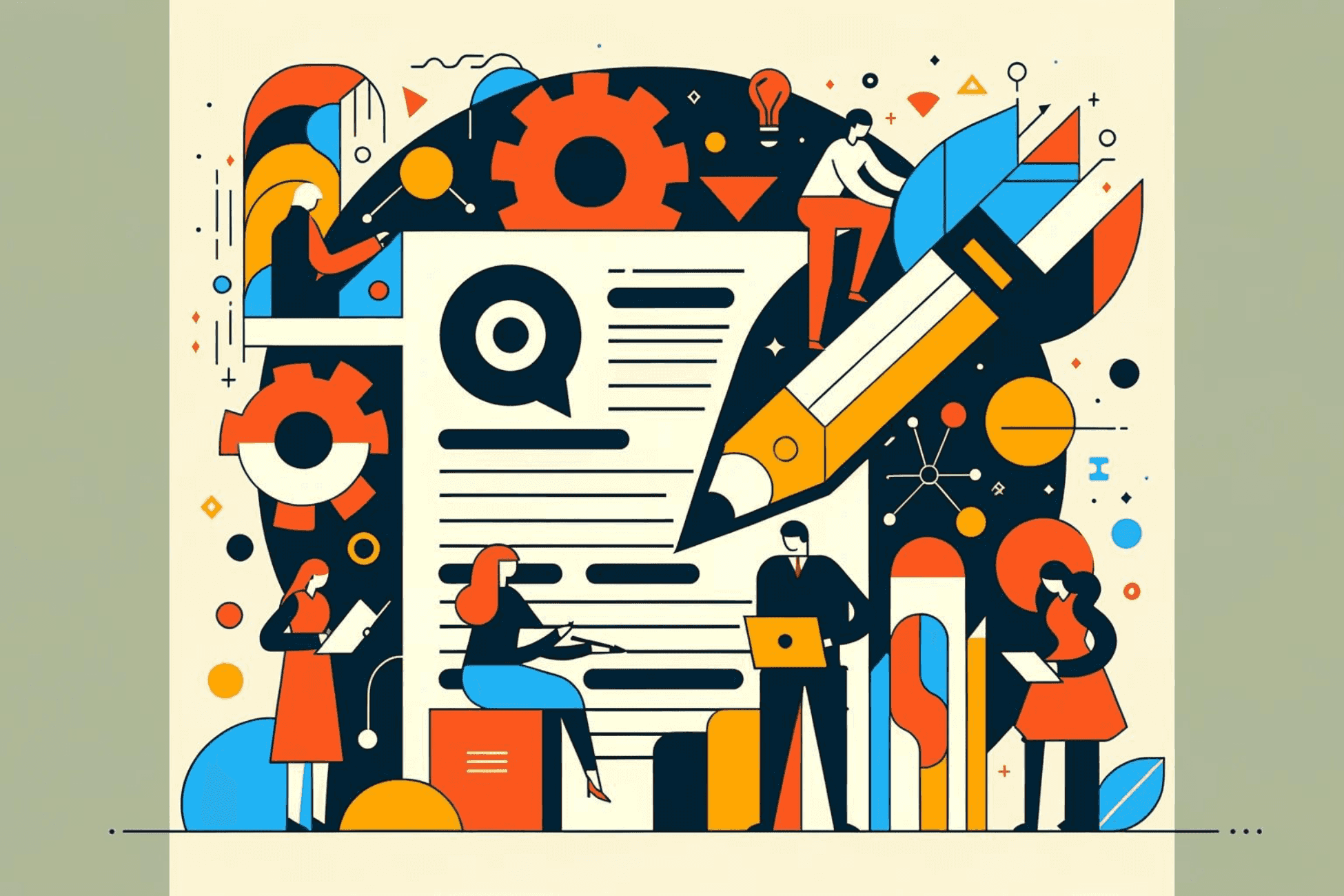 Illustratie waarin een team van zes samenwerkt om teksten te schrijven op een zeer groot stuk papier en met een groot potlood.