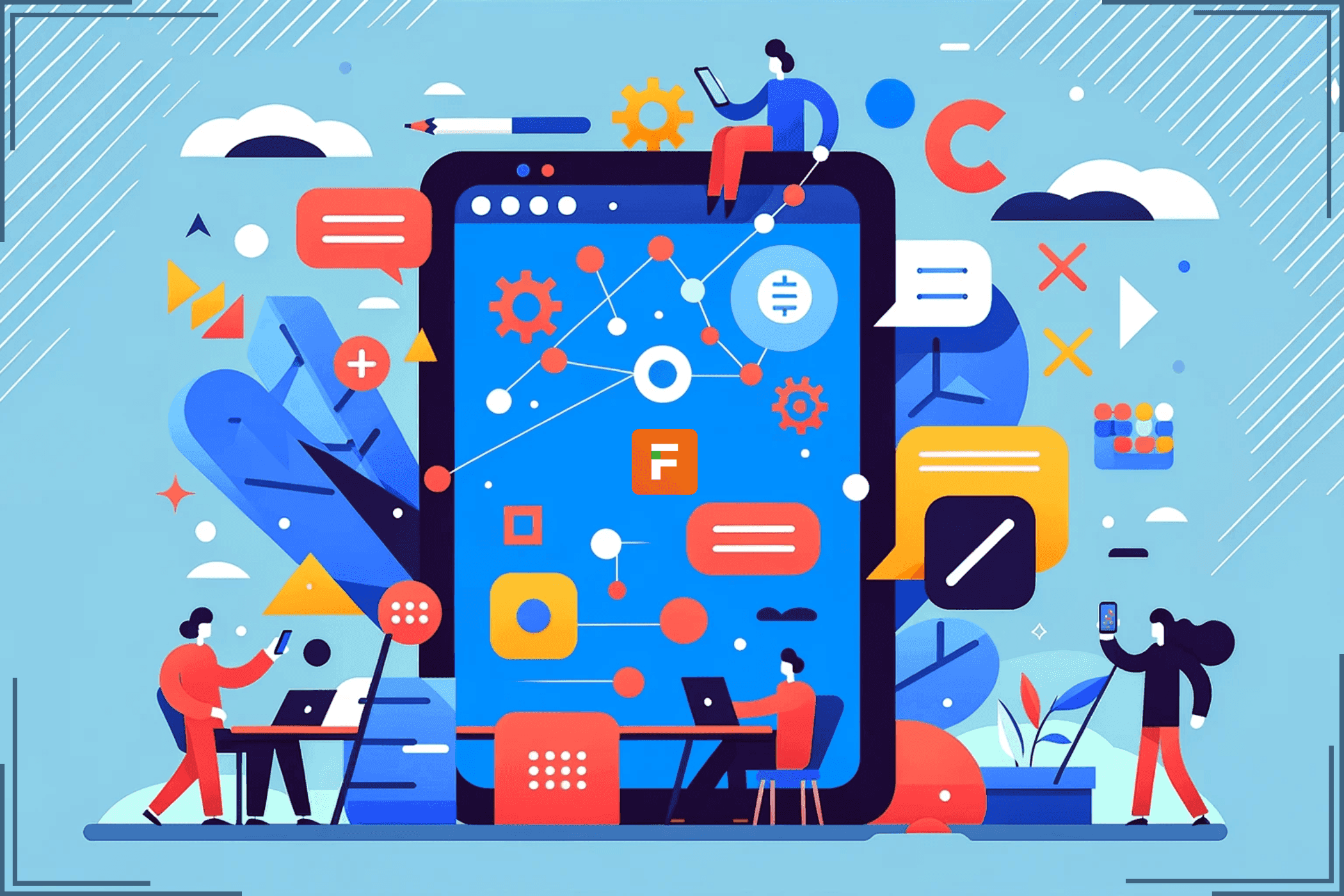App laten maken door freelancers illustratie waarin meerdere personen werken om een grote m