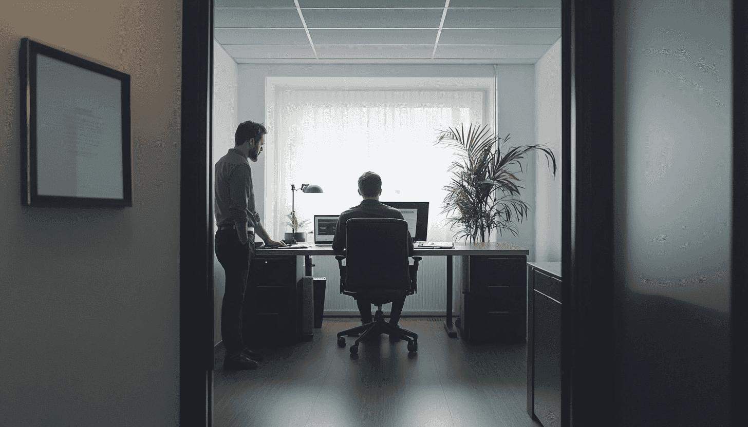 Zzp'er aan het werk achter een bureau waarnaast een opdrachtgever het werk controleert, wat wijst op een gezagsverhouding.