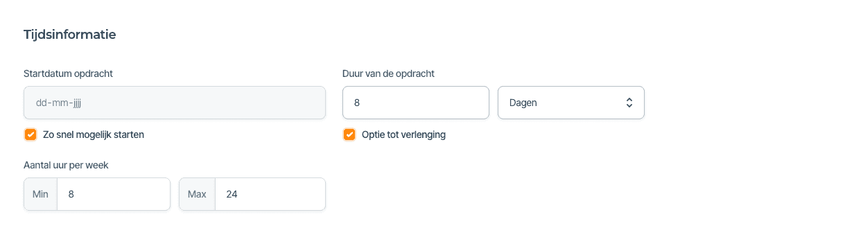 Tijdsinformatie invullen bij een opdrachtomschrijving.
