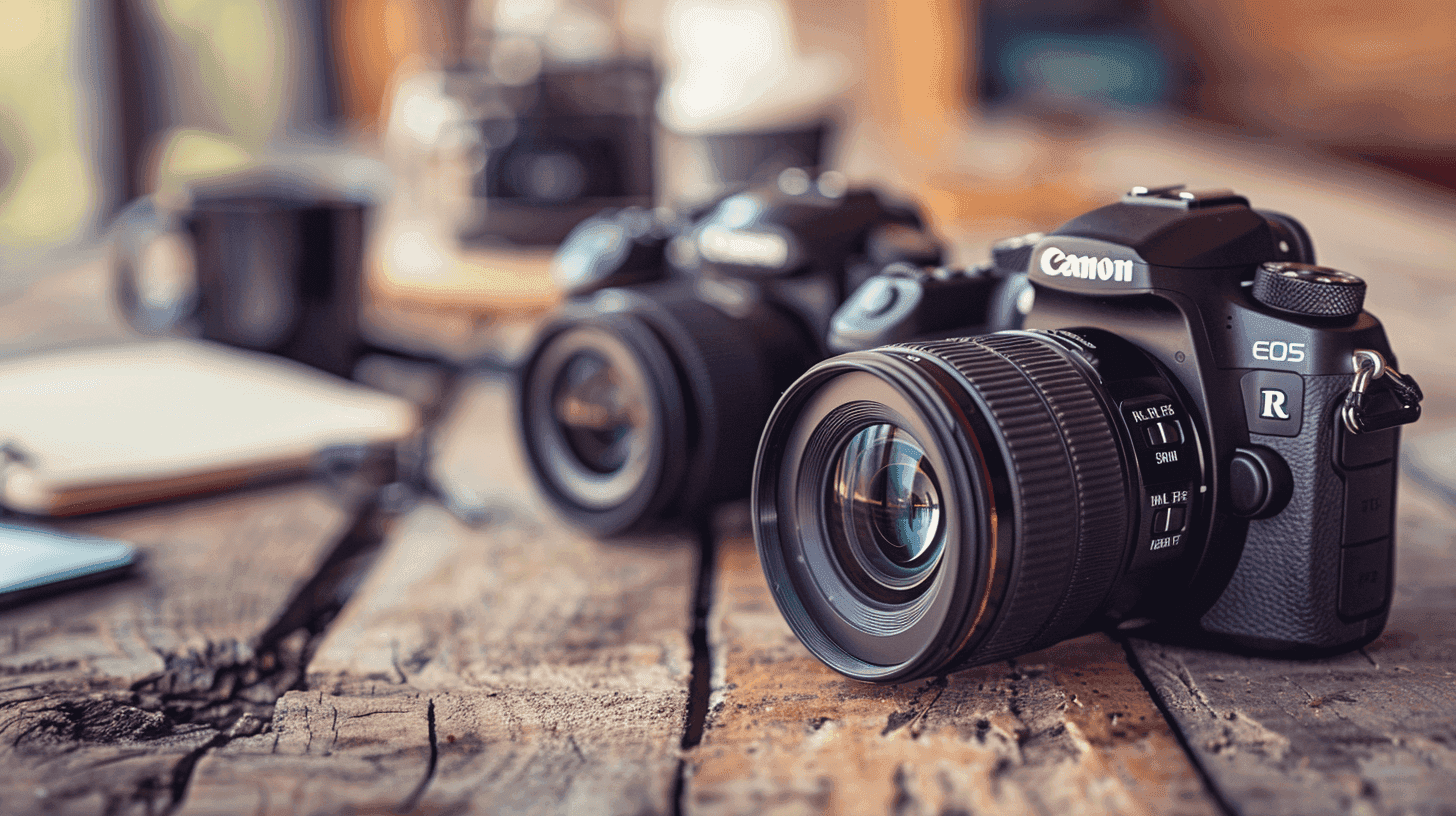 Twee camera's op een houten tafel. een grote professionele DSLR-camera op de voorgrond en een kleinere camera op de achtergrond. Passend bij het concept van meewerkaftrek voor zzp'ers.