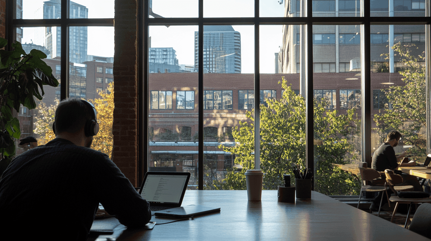 Man met koptelefoon werkt op een laptop in een moderne co-working space met grote ramen en stadszicht.