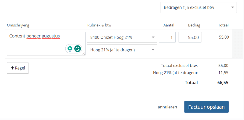 Factuur voorbeeld waarbij wordt aangegeven dat het btw-tarief apart wordt berekend.