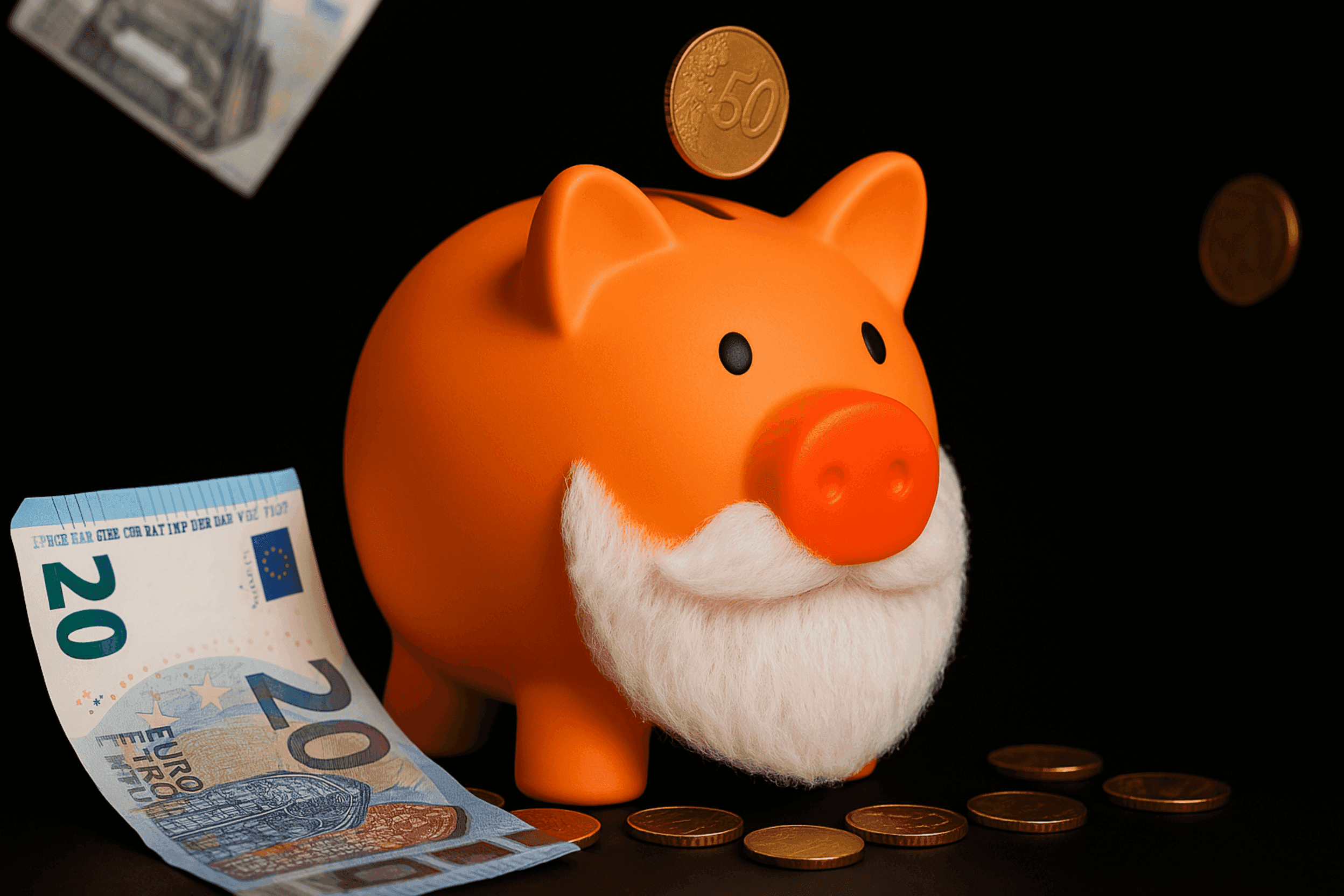 Een oranje spaarvarken met een baard, een metafoor voor sparen voor pensioen.