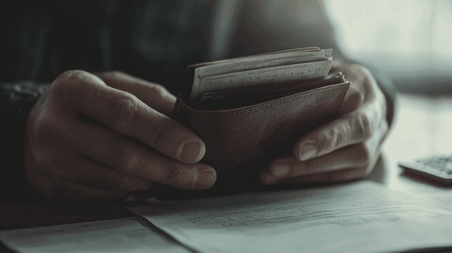 Handen houden een oude portemonnee vast boven financiële documenten.