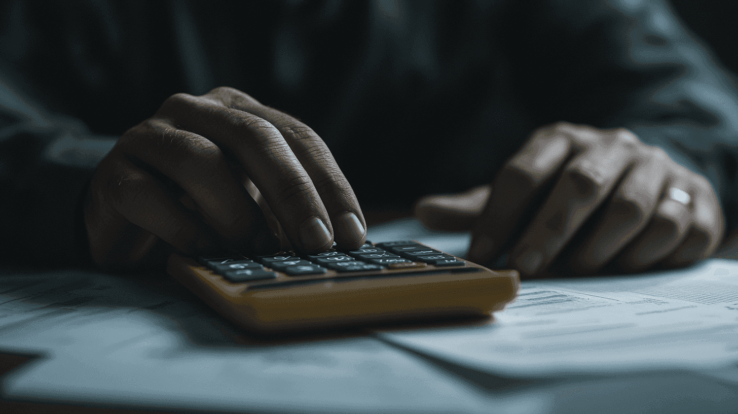 Handen gebruiken een gele rekenmachine op een bureau met financiële documenten
