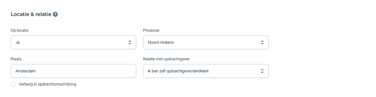 Locatie en relatie invullen bij een opdrachtomschrijving.