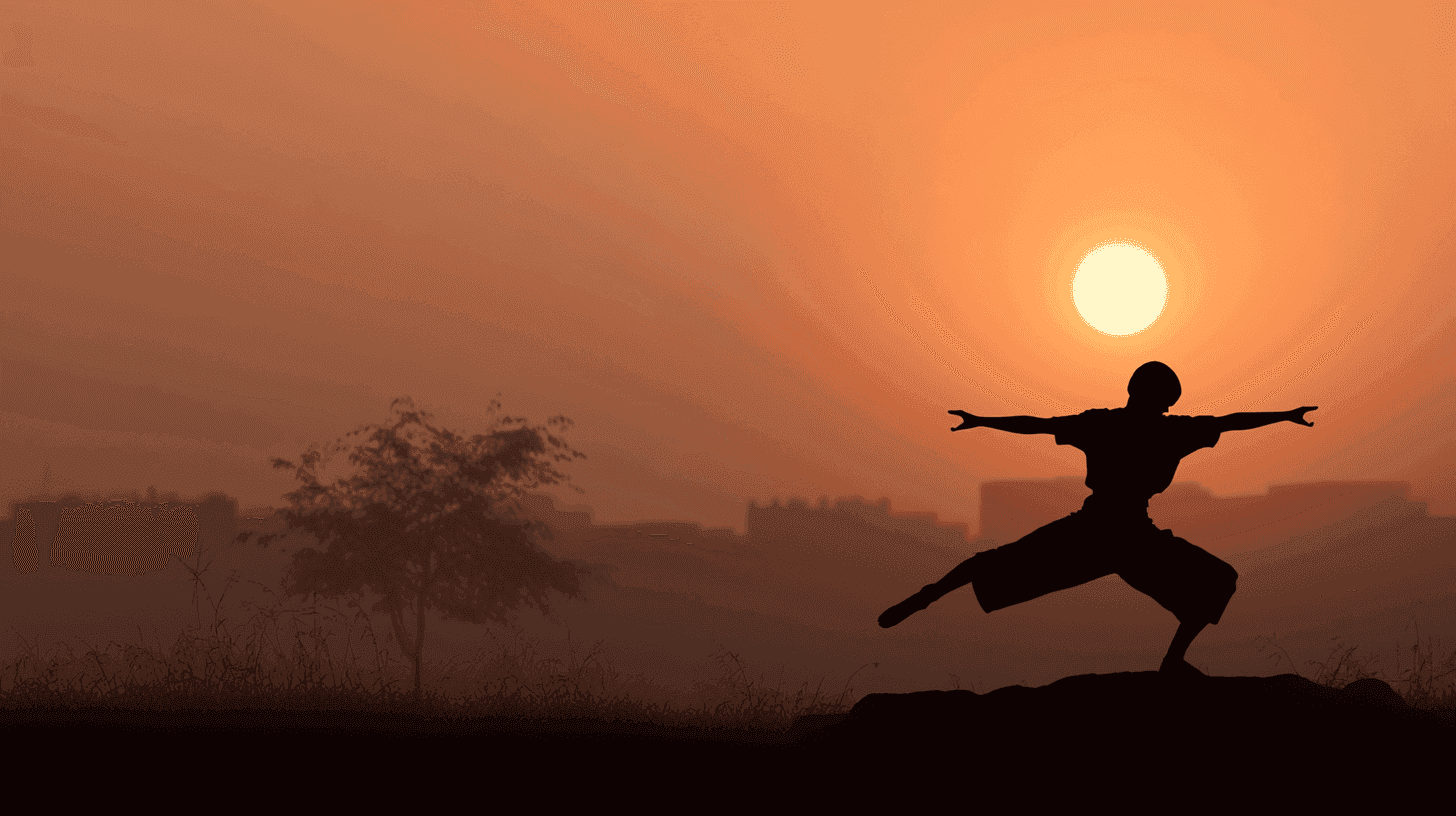 Silhouet van een persoon in balanshouding tegen een oranje zonsondergang.