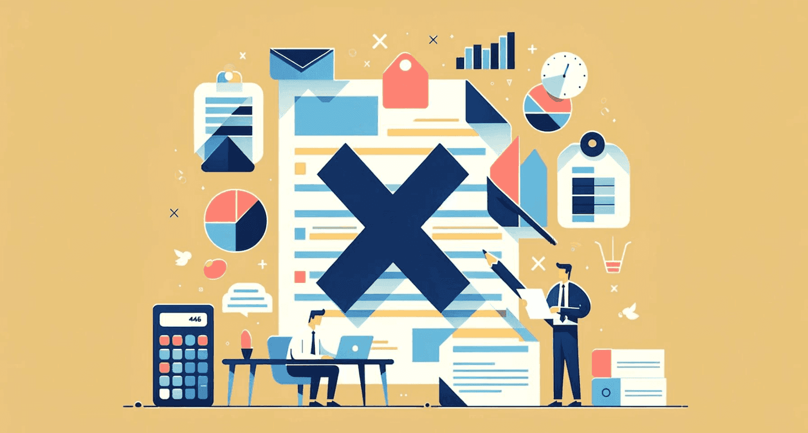 Illustratie waarin twee freelancers hard werken aan het invullen van een zeer groot ondernemingsplan.