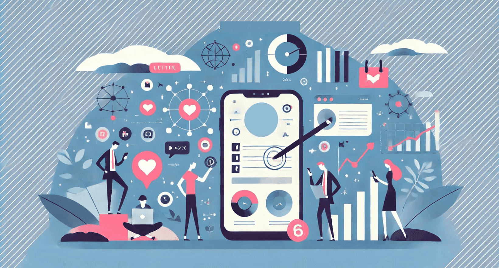 Illustratie waarin meerdere freelance marketeers data betreft social media volgers en engagement analyseren