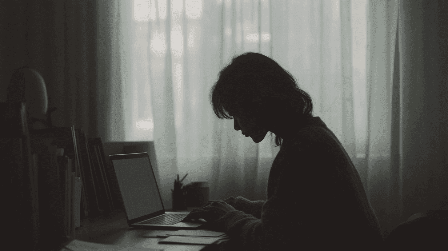 Silhouetted female freelancer working late on a laptop at a dimly lit desk, with soft light filtering through sheer curtains in the background.